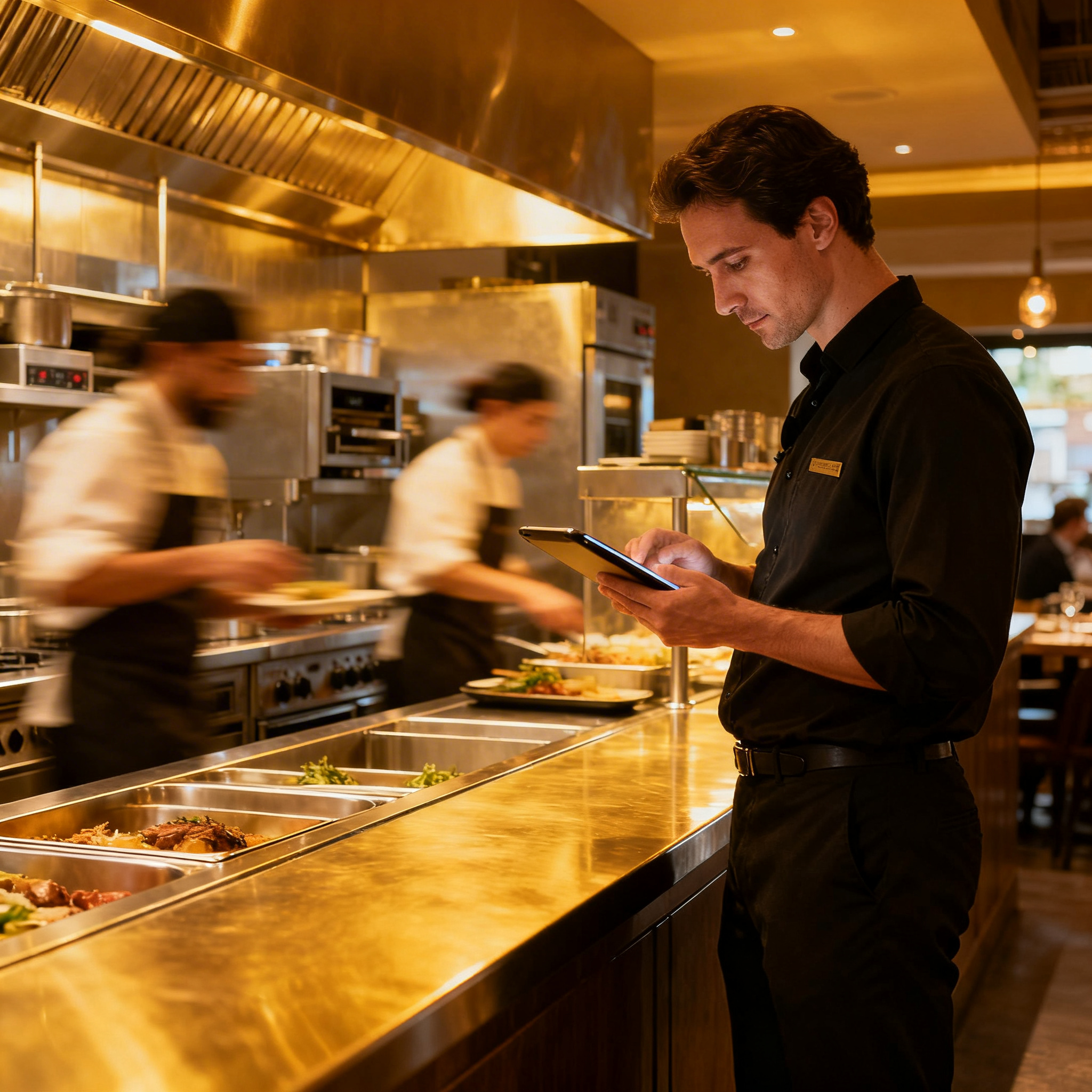 Restaurant manager checking Taskmaster during busy service