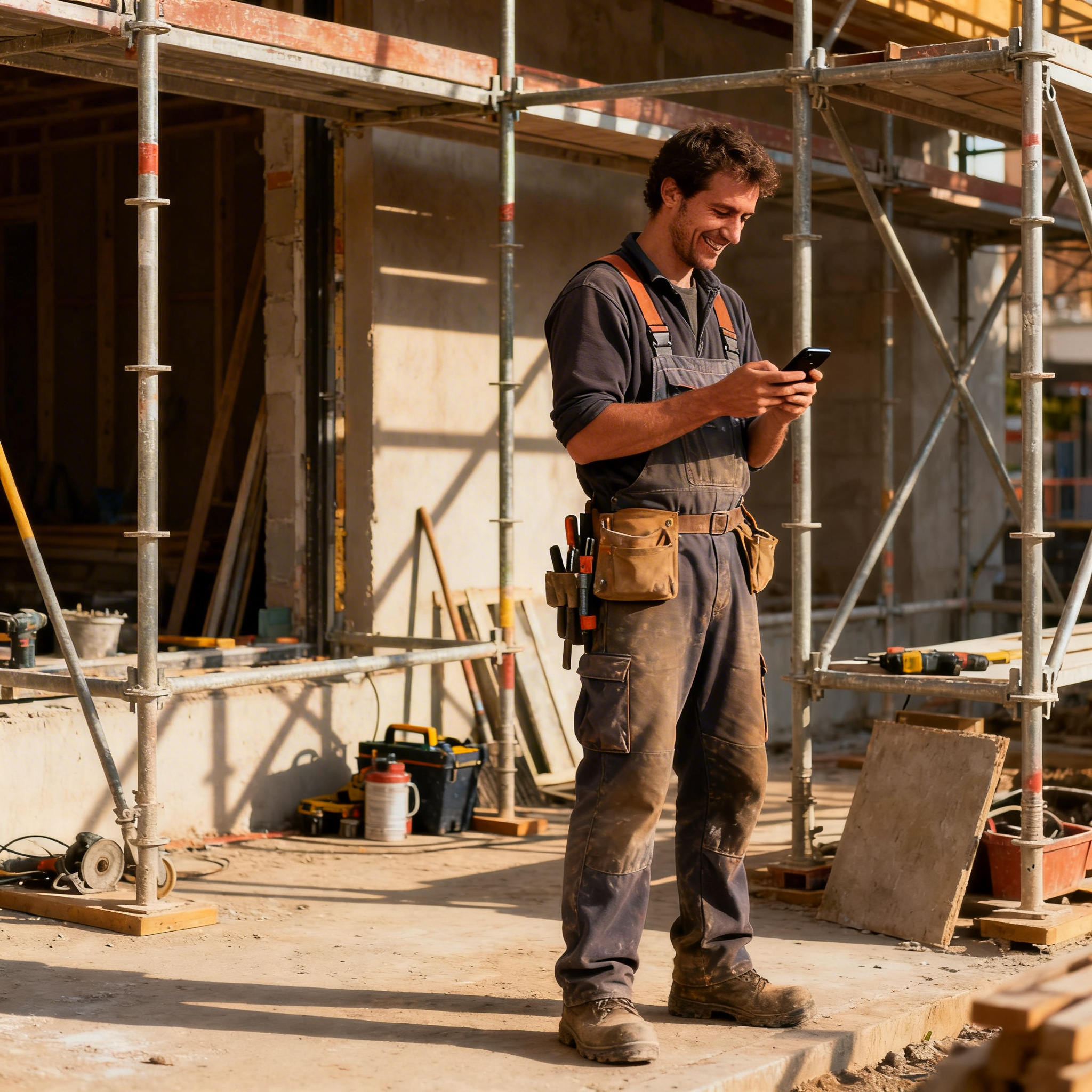 Tradesperson checking phone on site while Taskmaster handles admin